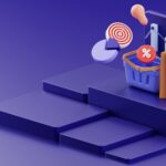 a purple background with a basket of items and a target