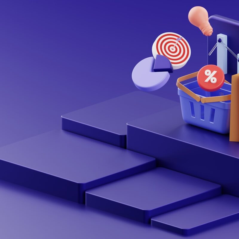 a purple background with a basket of items and a target